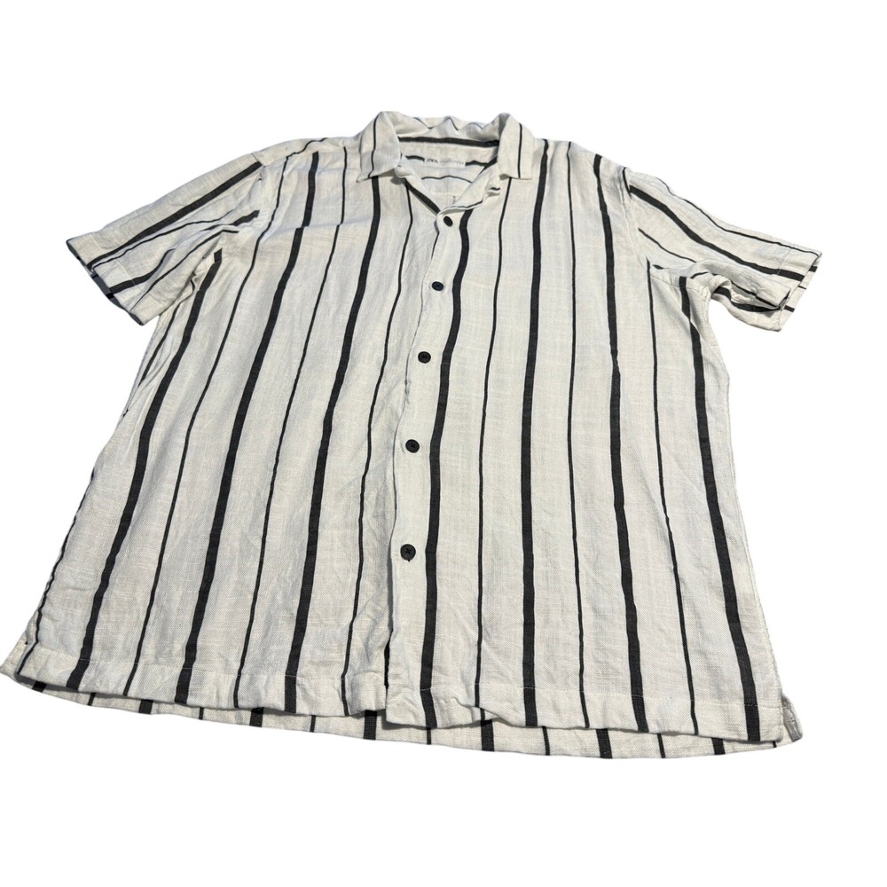 Zara Man XL White Black Vertical Stripe Linen Blend Short Sleeve Camp Shirt - Picture 5 of 16
